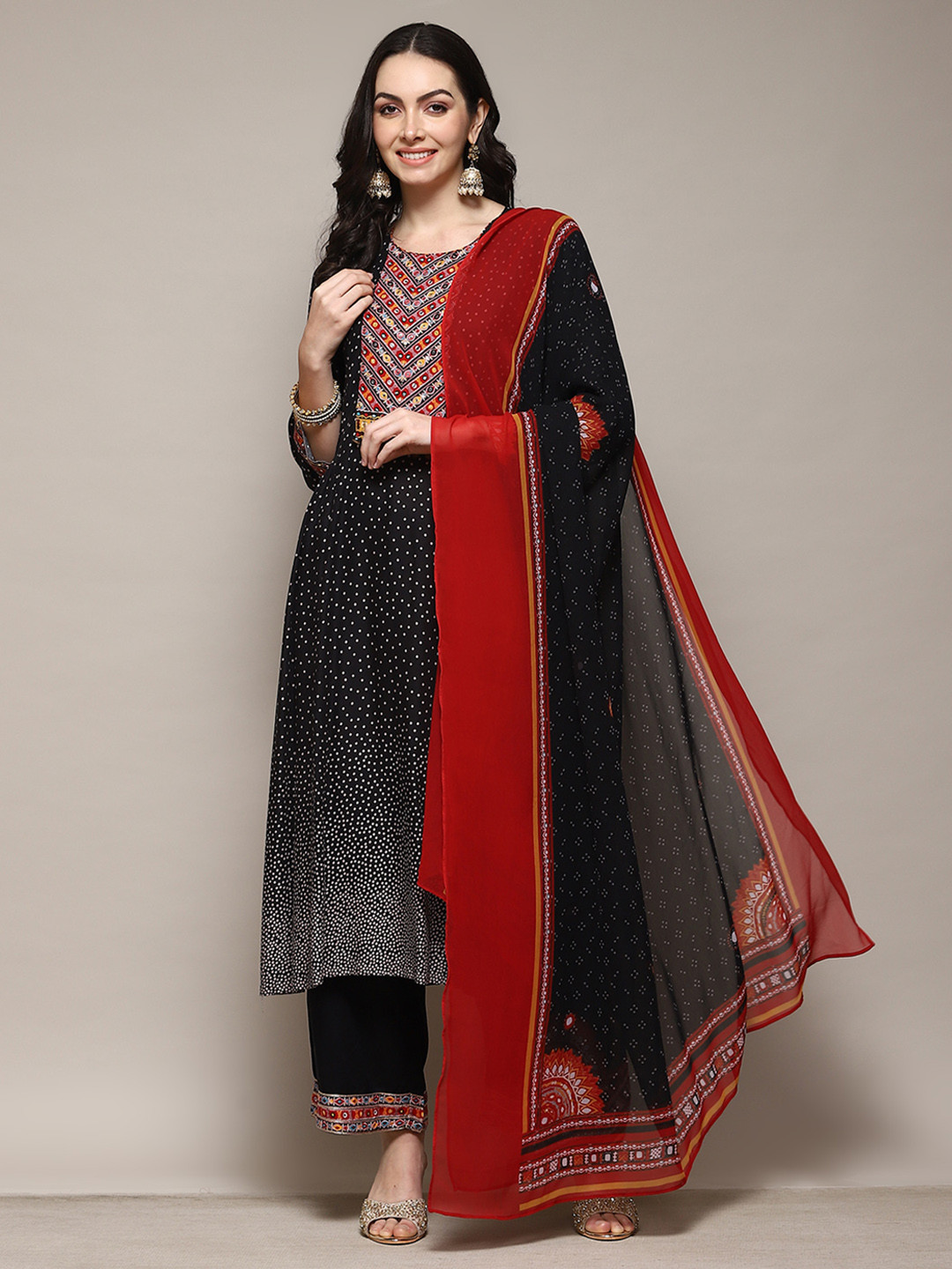 Biba Floral Yoke Design Thread Work Straight Kurta with Trousers And Dupatta