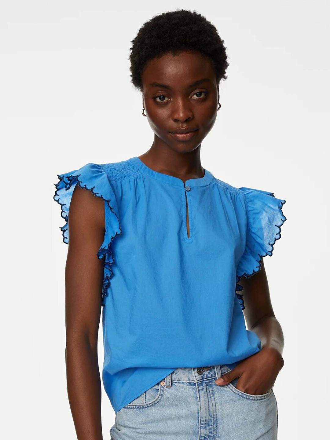 Marks & Spencer Pure Cotton V-Neck Frill Sleeve Blouse