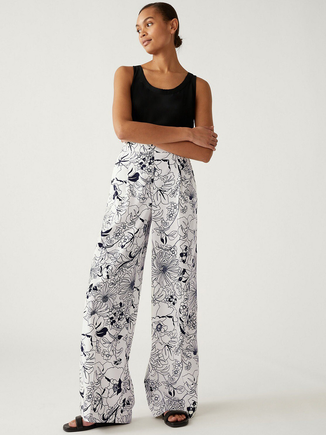 Marks & Spencer Satin Twill Floral Wide Leg Trousers