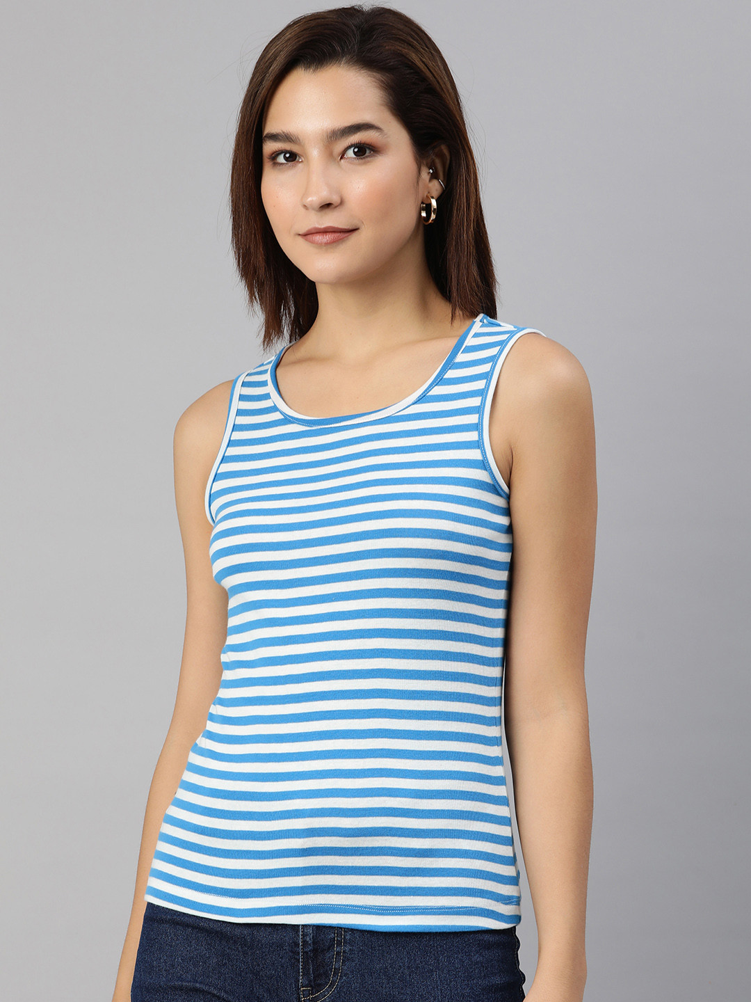 Huetrap White & Blue Striped Cotton Tank Top