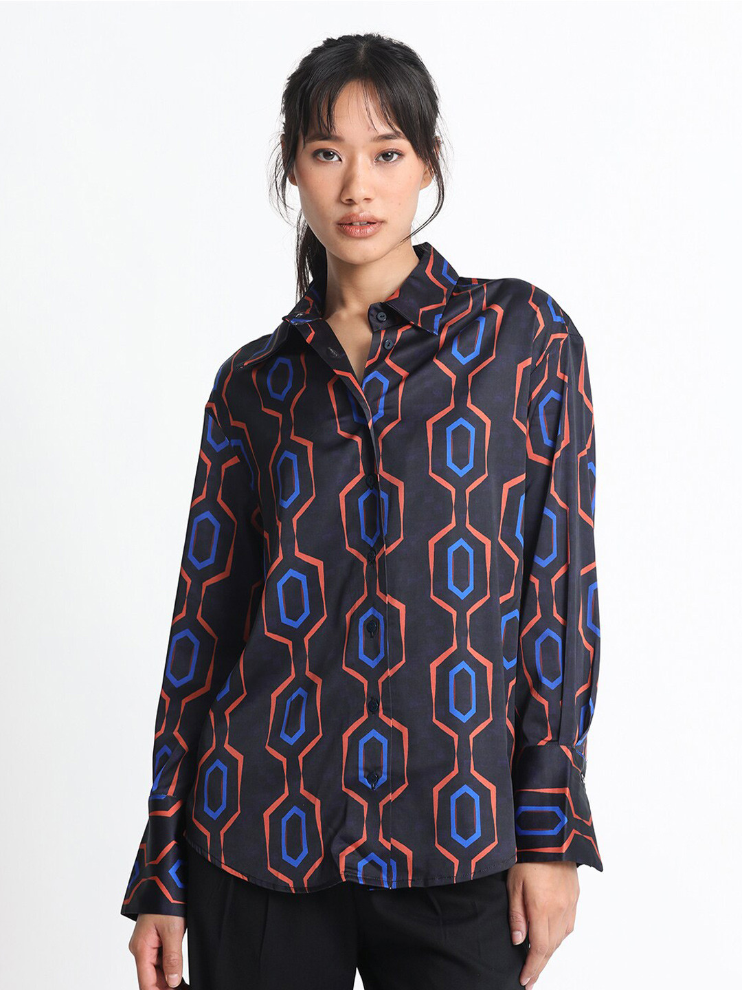 RAREISM Geometric Print Satin Slim Fit Shirt