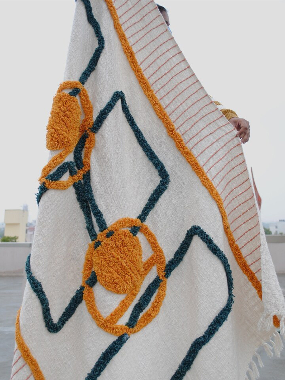 Art Avenue Recane White & Yellow Embroidered Cotton Throw