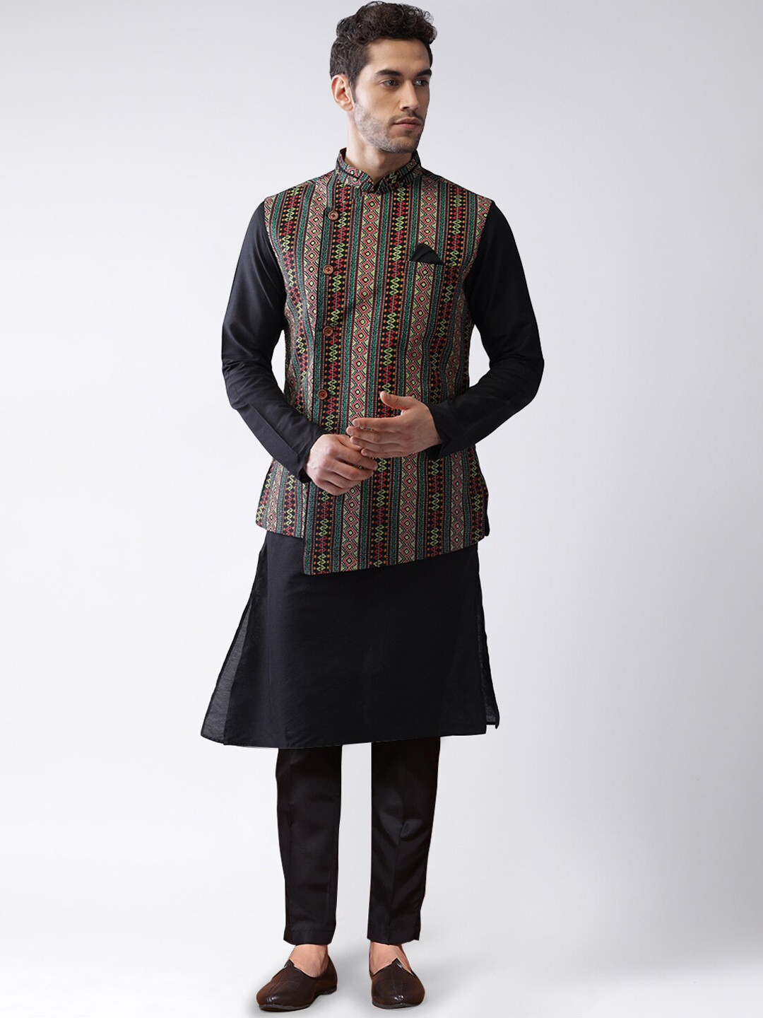 KISAH Mandarin Collar Kurta With Trouser & Printed Nehru Jacket