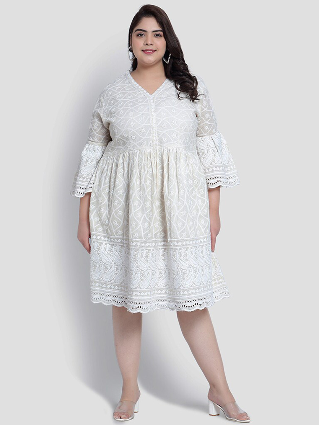 Indietoga's Plus Size Ethnic Motifs Self Design Embroiderd Bell Sleeves Fit & Flare Dress