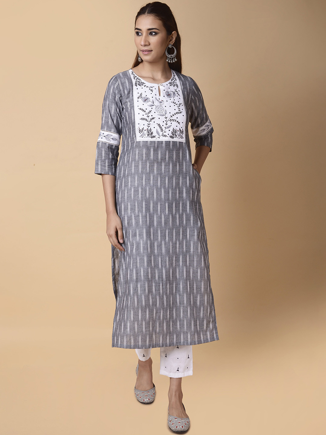 PINKSKY Ikat Woven Design Patch Work Pure Cotton Kurta With Trousers