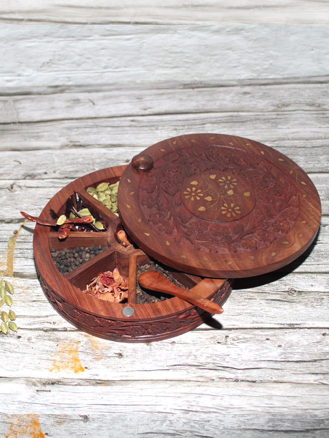 SHREE KALA HOME DECOR Brown Round Wooden Masala Spice Box With Spoon