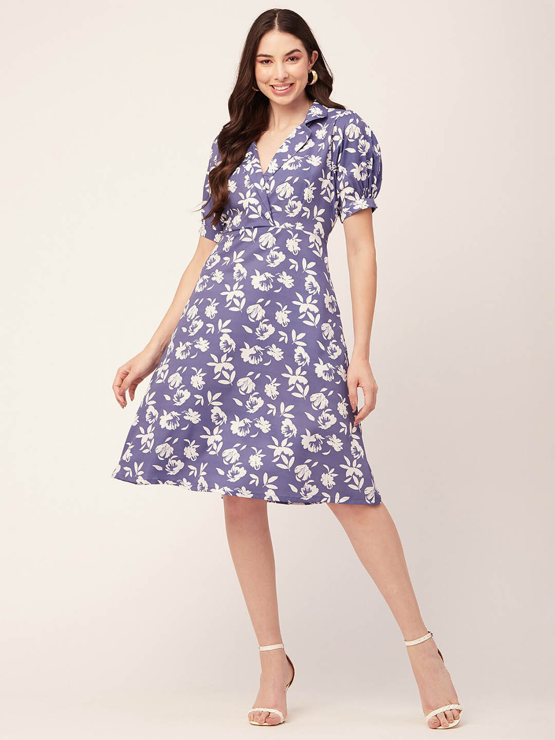 Moomaya Floral Printed Puff Sleeves Fit & Flare Dress