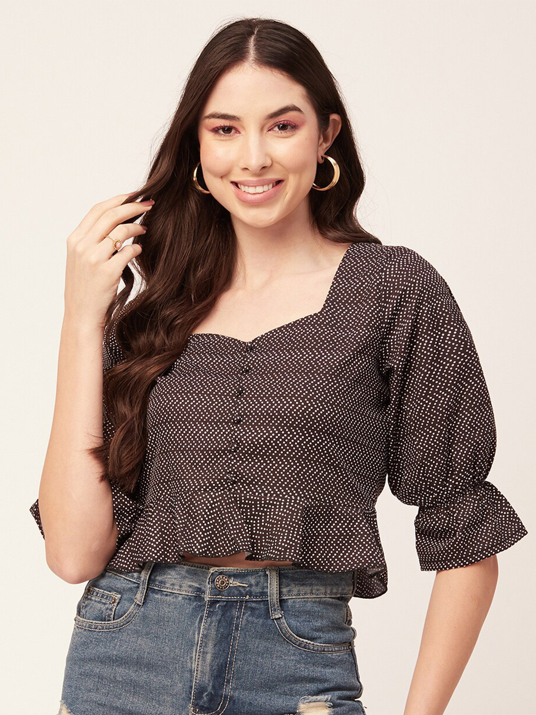 Moomaya Micro Ditsy Printed Sweetheart Neck Bell Sleeves Crepe Crop Top