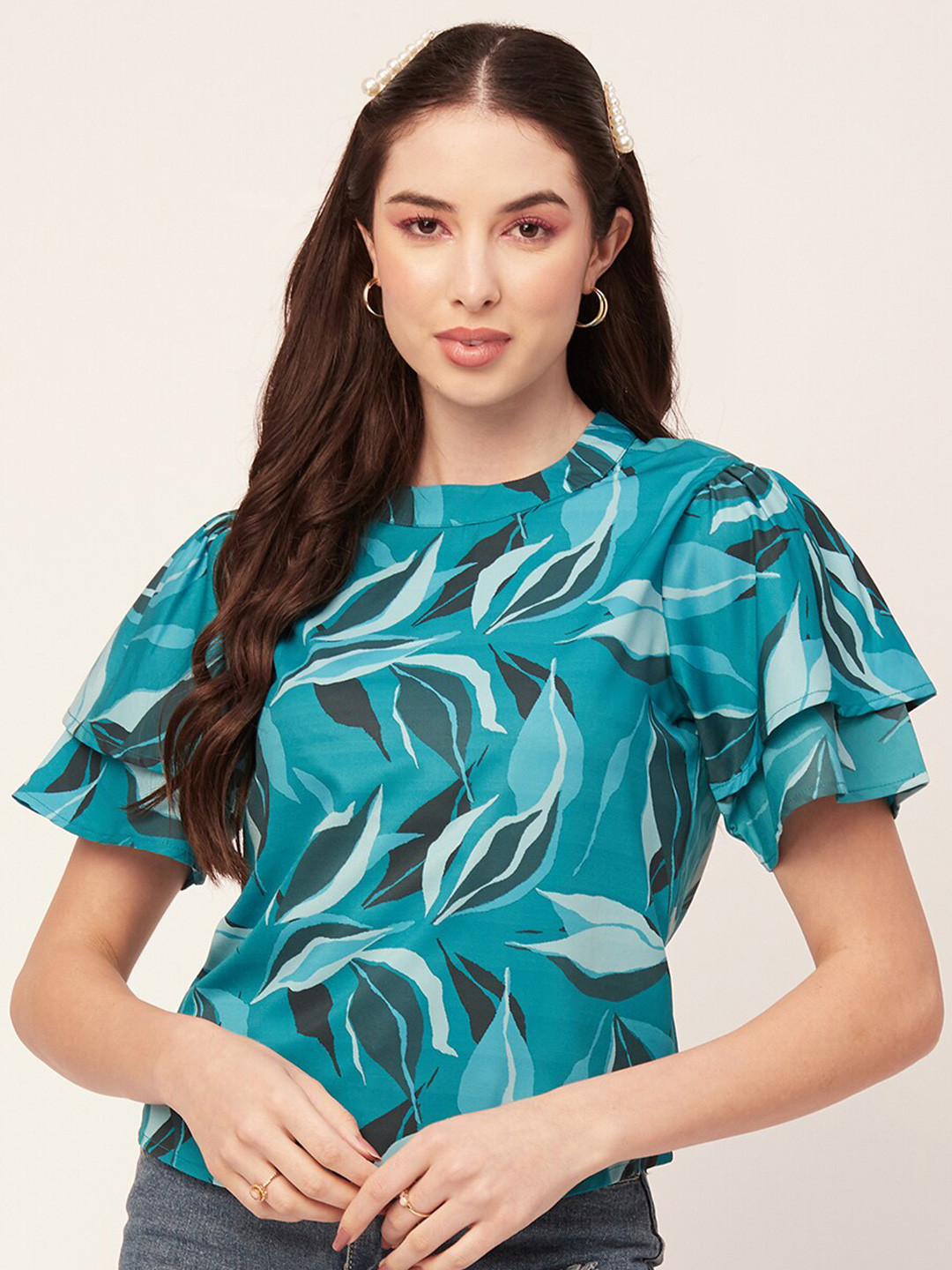 Moomaya Tropical Printed High Neck Flutter Sleeves Top