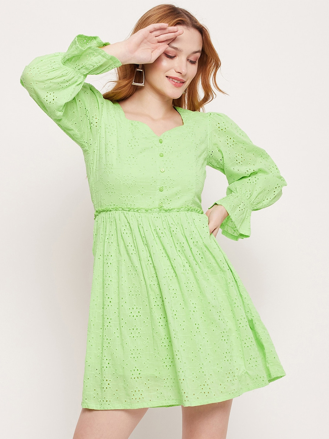 DELAN Self Design Puff Sleeves Cotton Fit & Flare Dress