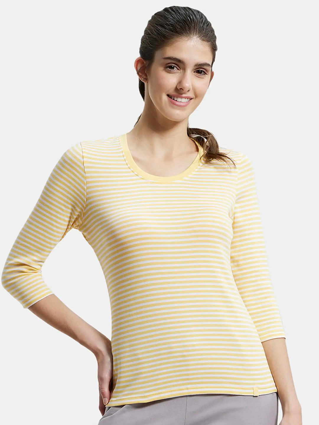 Jockey Super Combed Cotton Slim Fit Striped Round Neck Three Quarter Sleeve Tshirt -1360