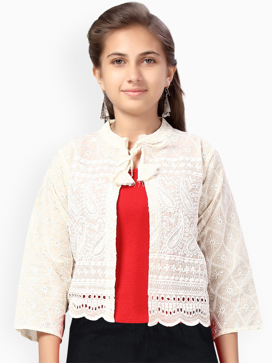 Aarika Girl Lightweight Embroidered Crop Open Front Shrug