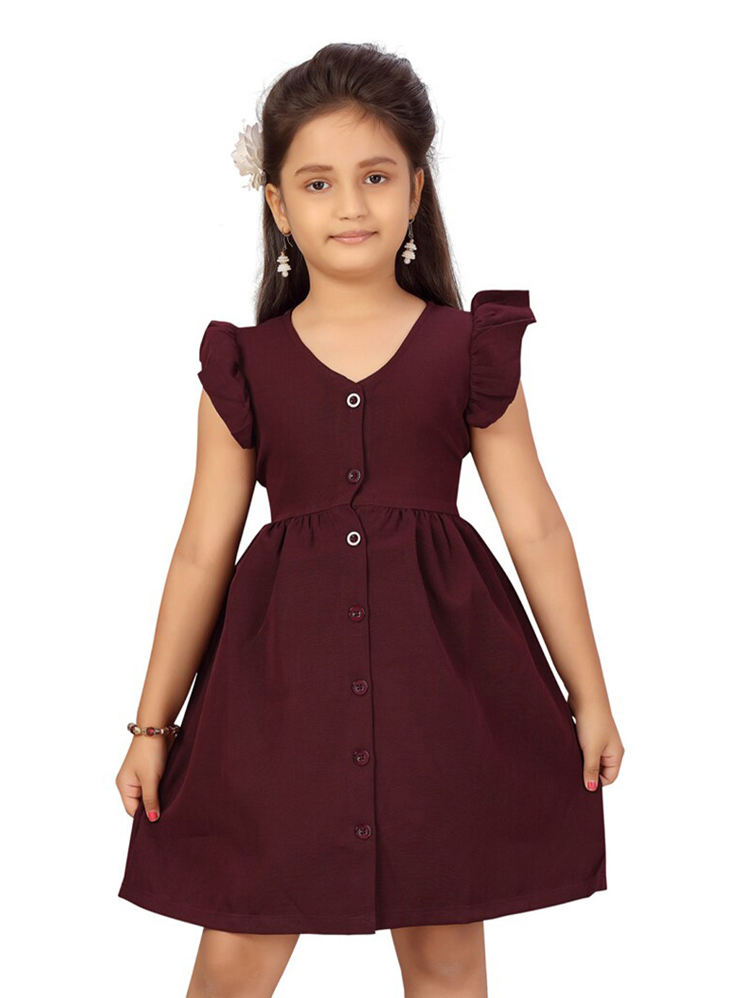 Aarika Girls V-Neck Cap Sleeve Gathered Fit & Flare Dress