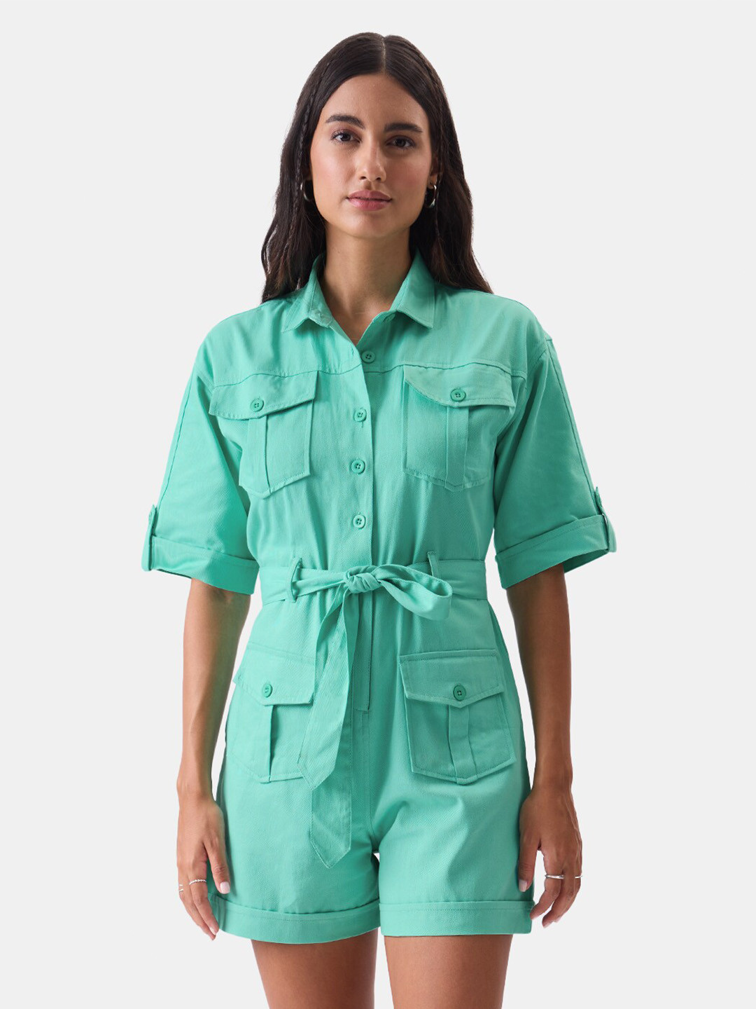 The Souled Store Green Shirt Collar Pure Cotton Playsuit