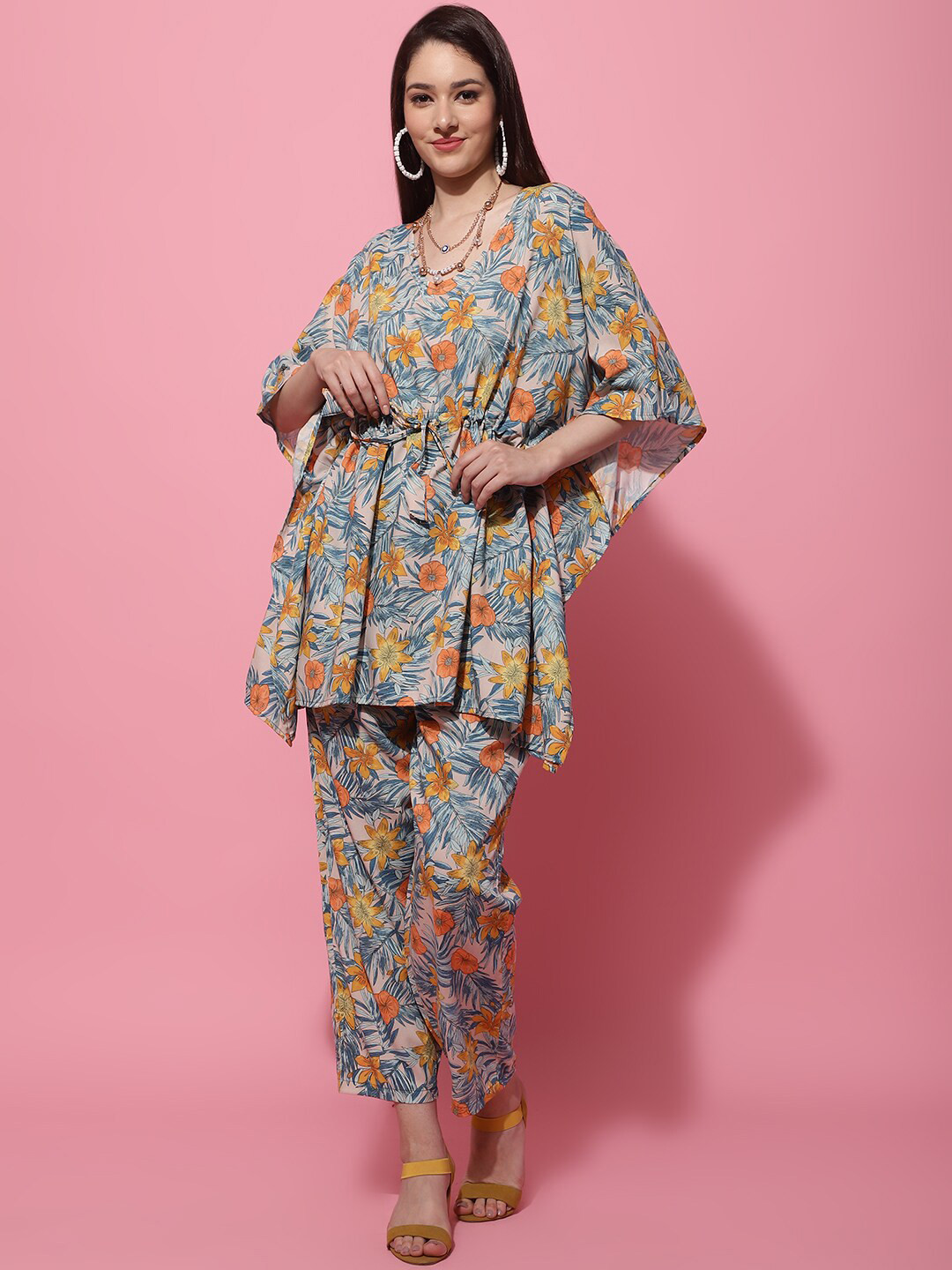 TAG 7 Floral Printed Flared Sleeves Kaftan Kurti With Trousers