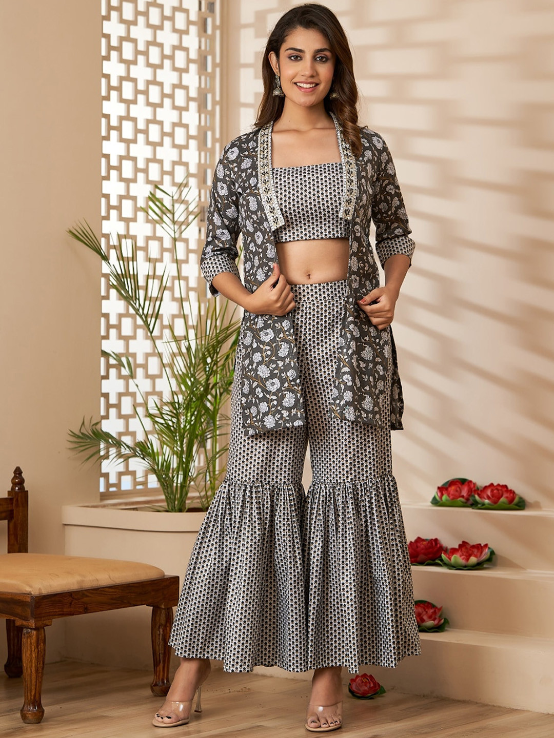 ArtiZenWeaves Floral Printed Top With Sharara & Jacket