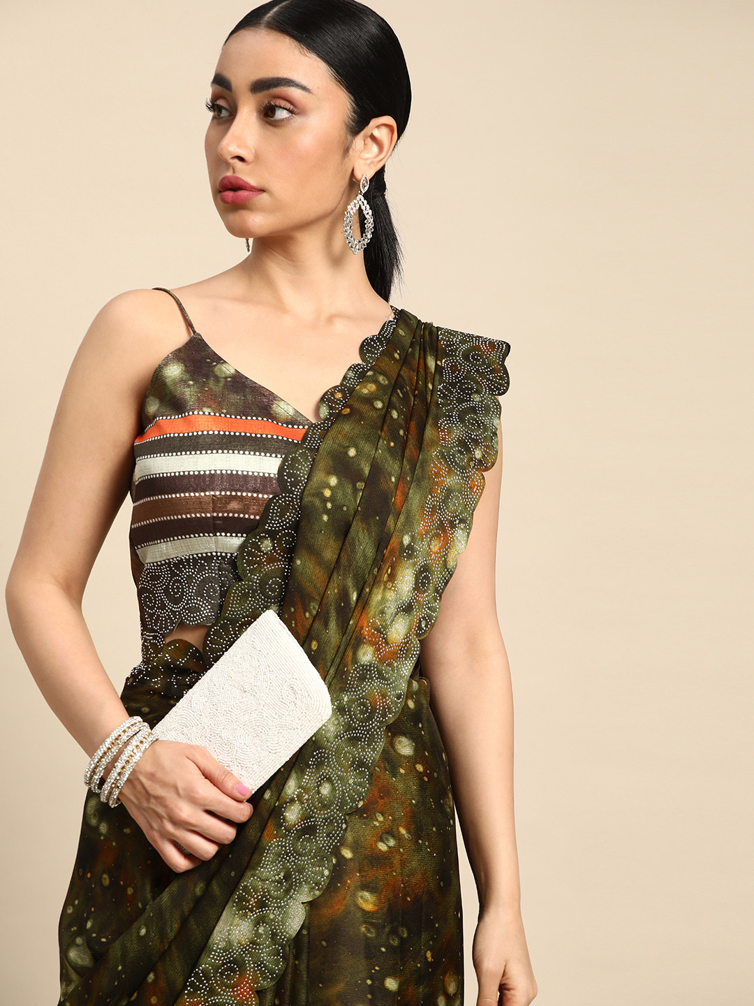 Mitera Printed Stones-Studded Pure Chiffon Saree