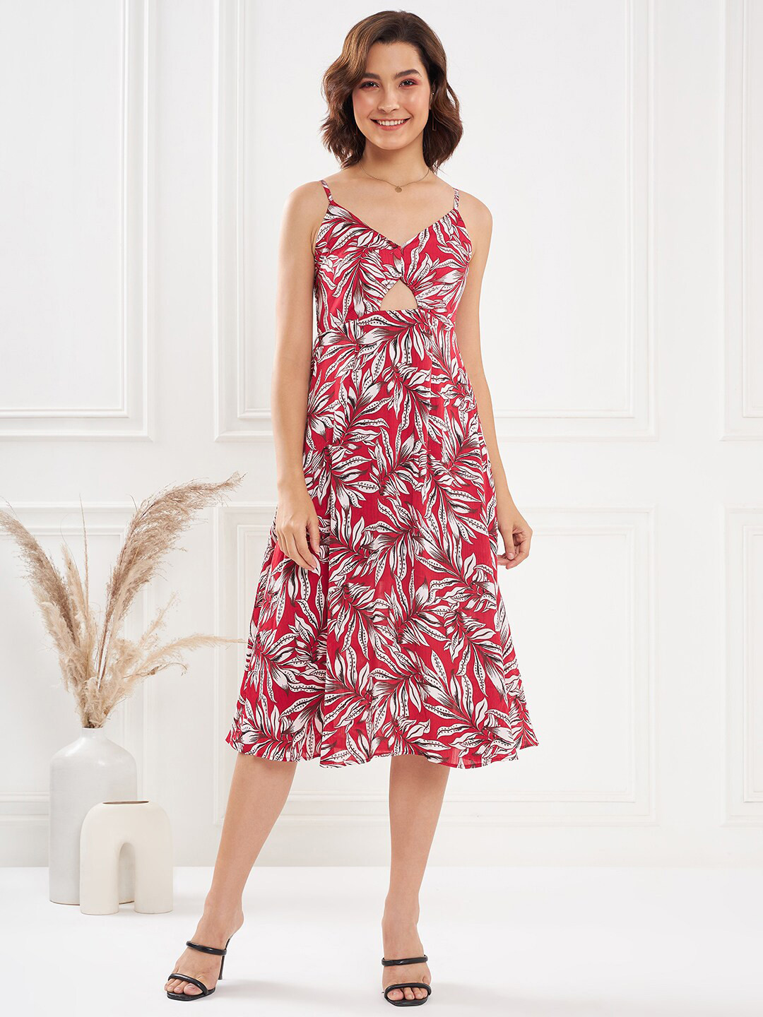 KASSUALLY Red & White Tropical Printed Shoulder Straps Cut-Out Fit & Flare Midi Dress