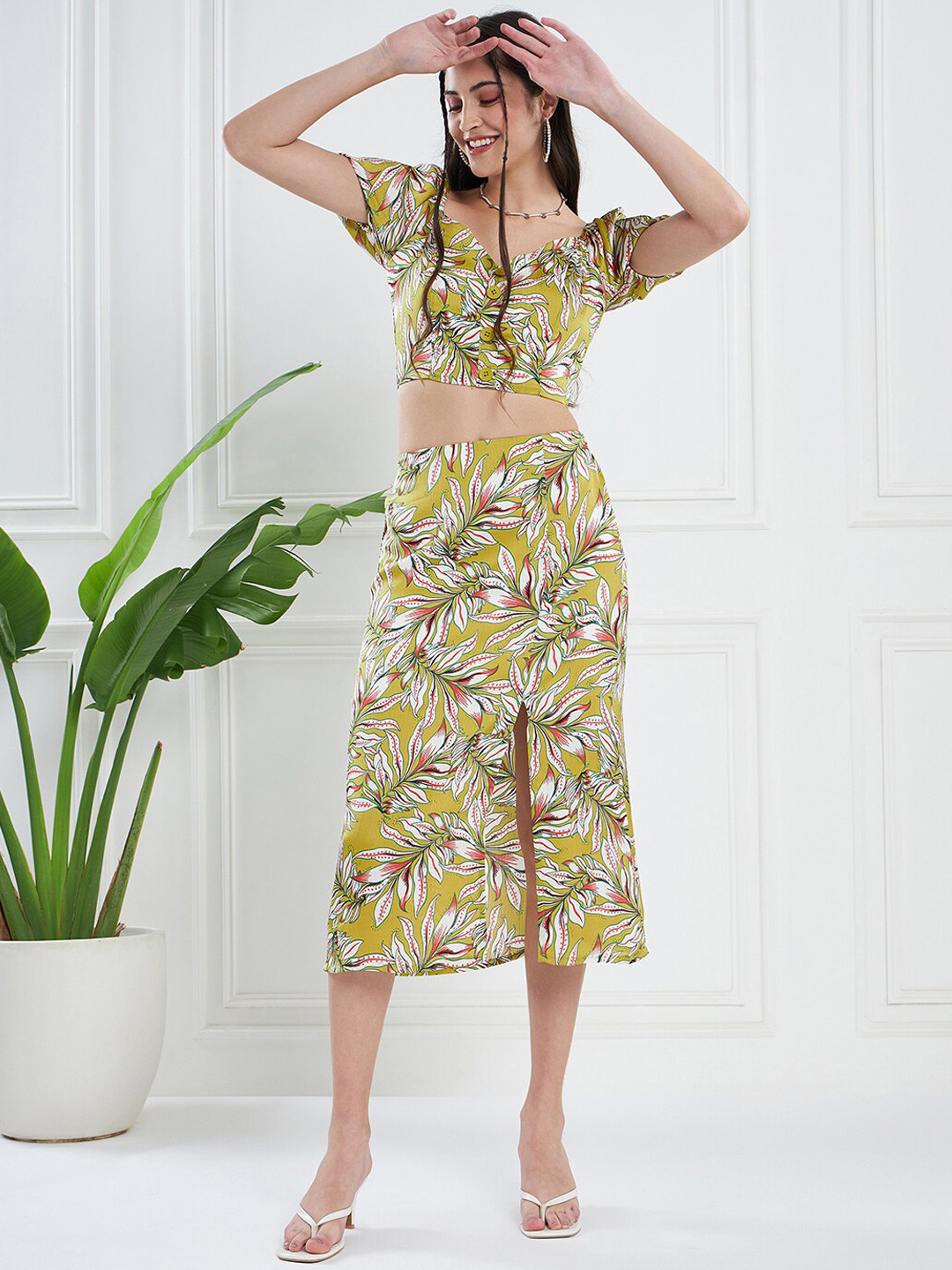 KASSUALLY Tropical Printed Balloon Sleeve Top With Front Slit Skirt Co-Ords Set