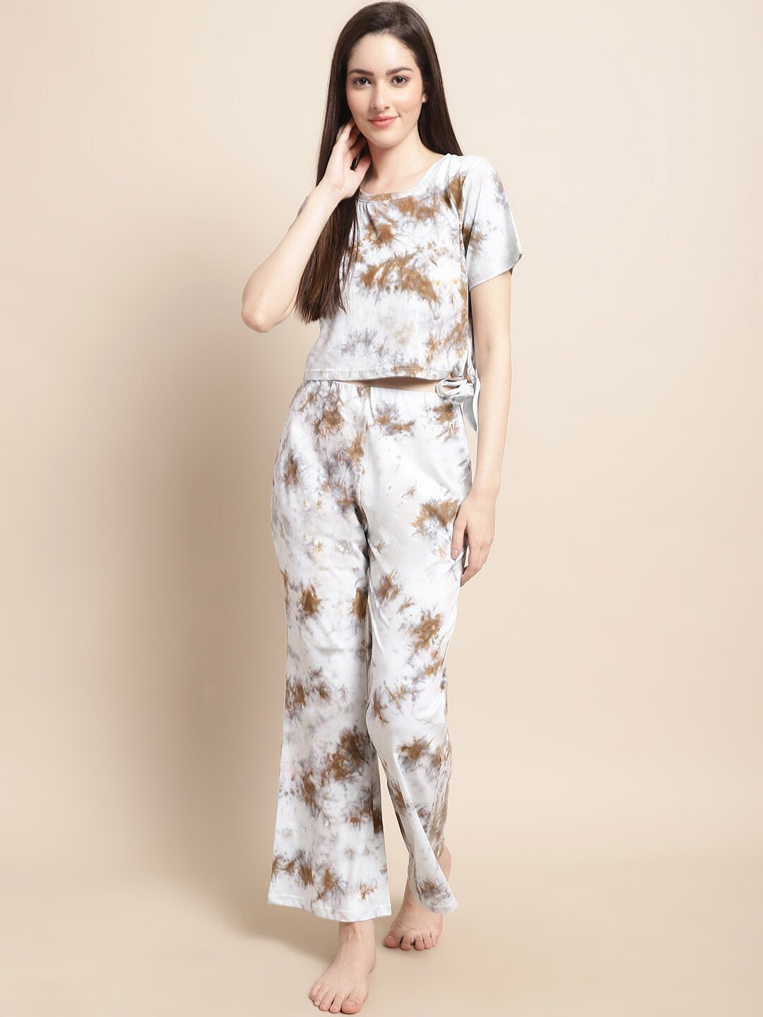 Claura Off White & Brown Tie and Dye Night suit
