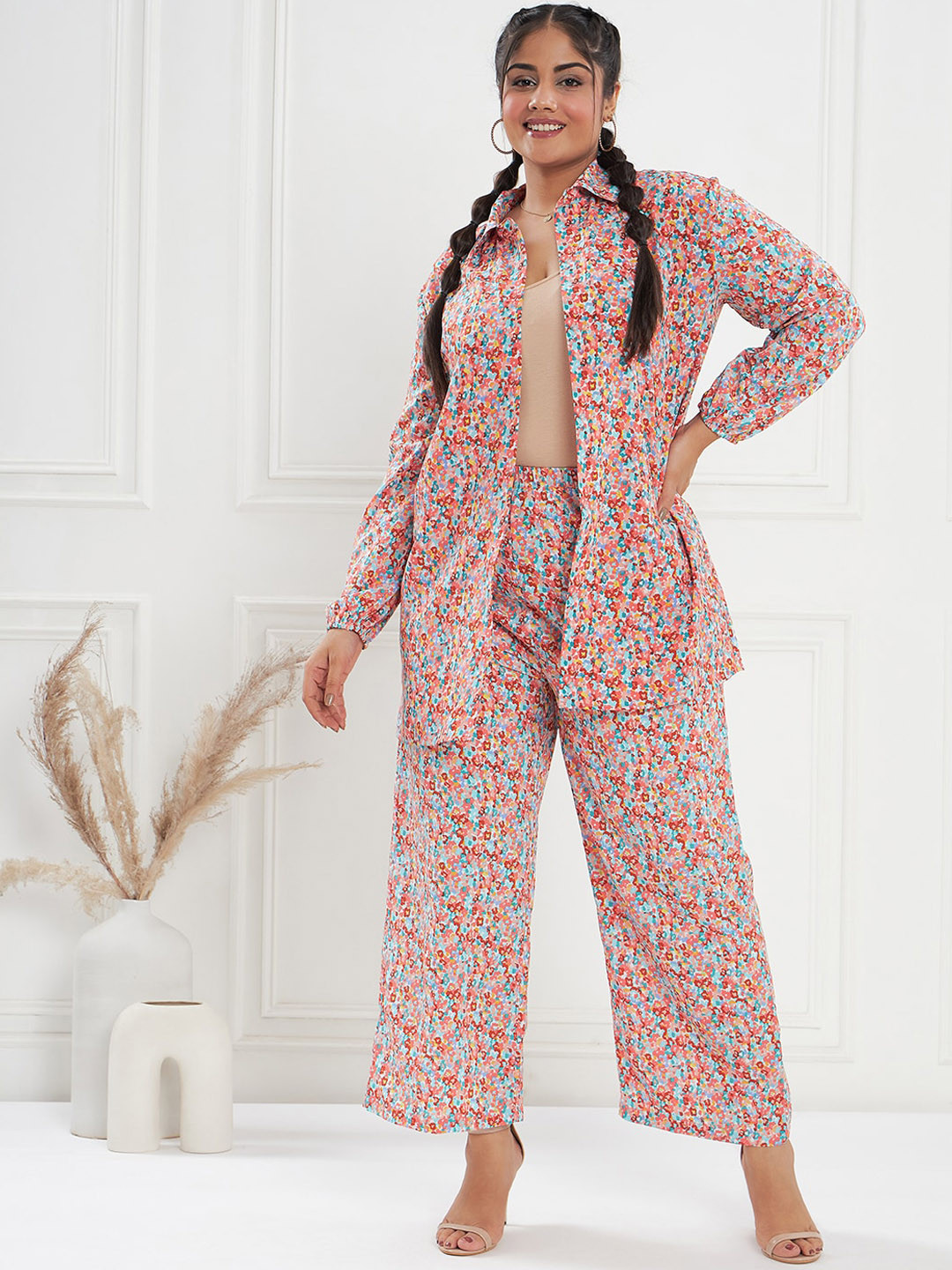 CURVE BY KASSUALLY Red & Blue Plus Size Printed Shirt and Trousers Co-Ords