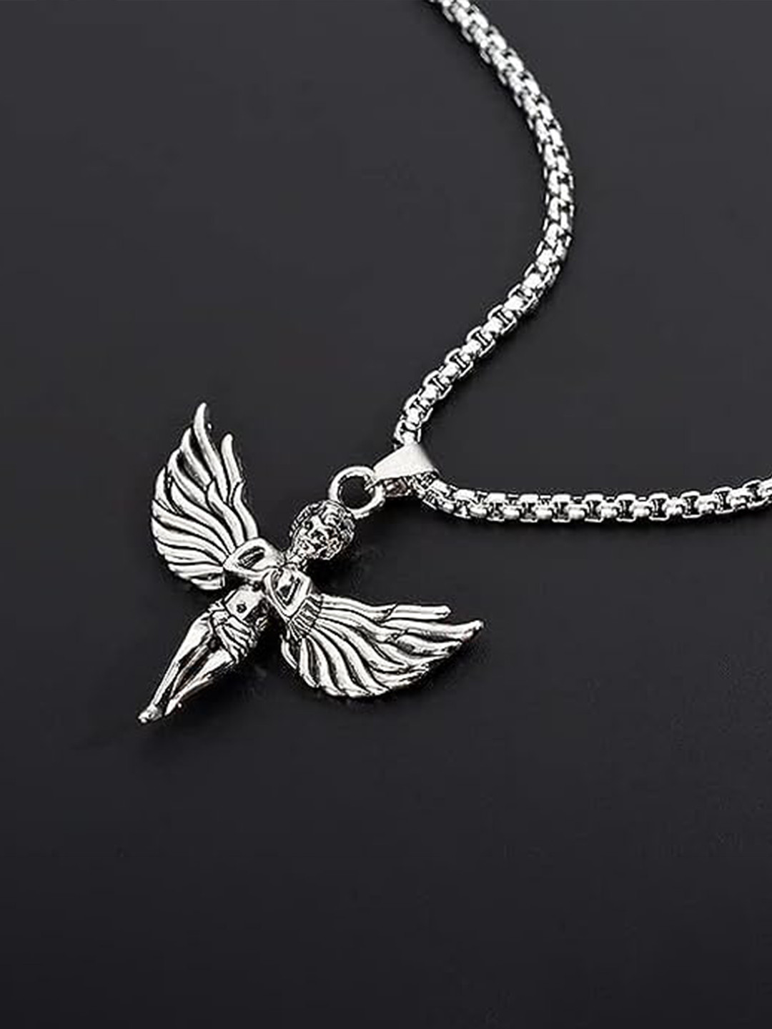 KRYSTALZ Unisex Silver-Plated Oxidised Silver Angel Wing Pendant Chain