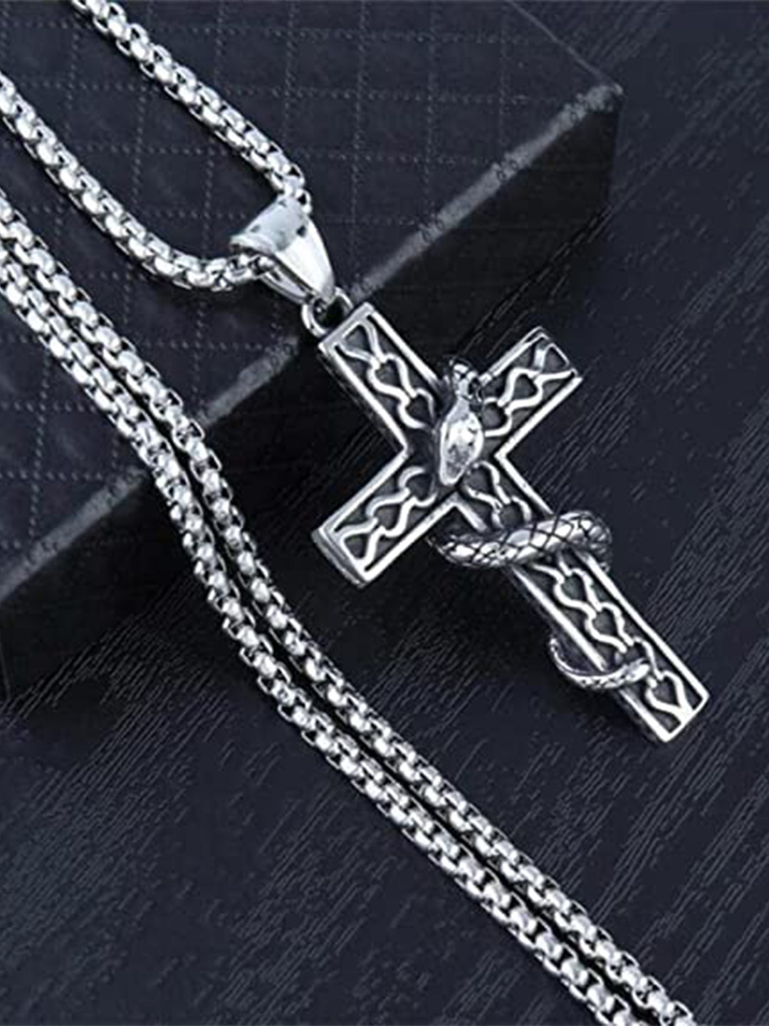KRYSTALZ Men Silver-Plated Cross With Snake Pendant With Chain