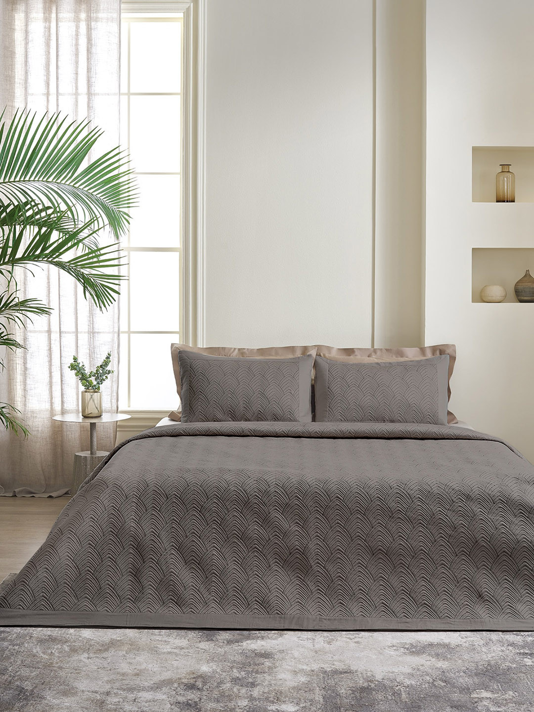 DDecor Dark Grey Embroidered Cotton 200 GSM Comforter With 2 Pillow Cover