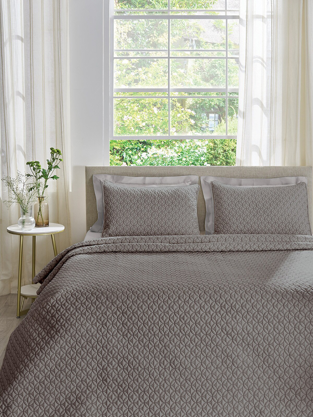 DDecor Grey Embroidered Cotton 210 TC Comforter With 2 Pillow Cover