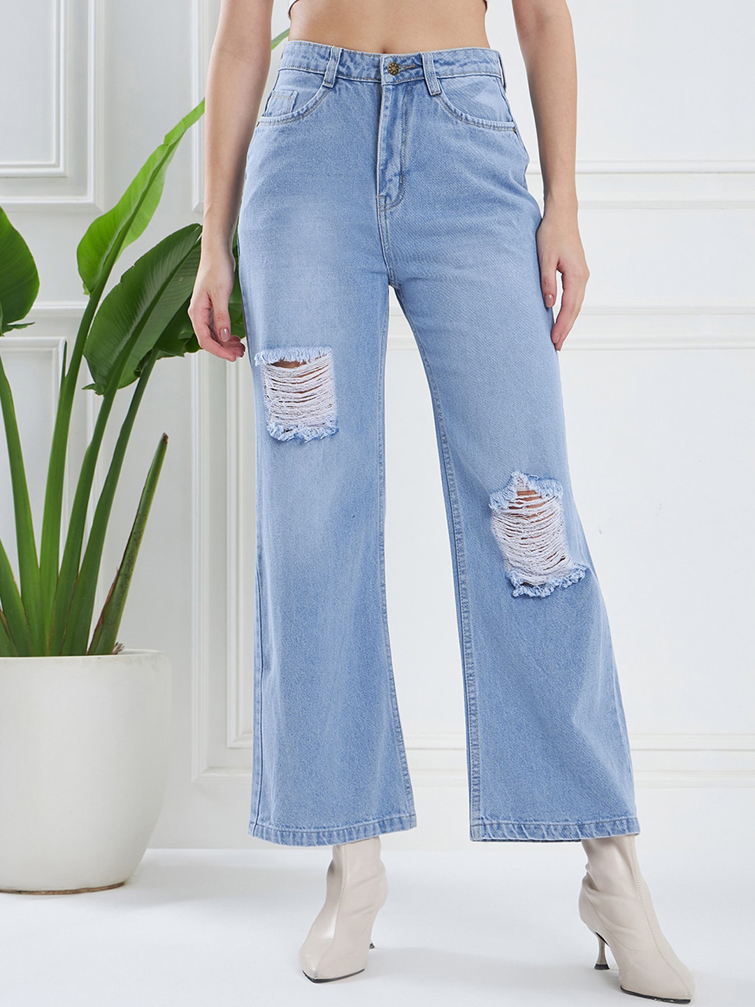 KASSUALLY Women Blue Flared Highly Distressed Light Fade Pure Cotton Jeans