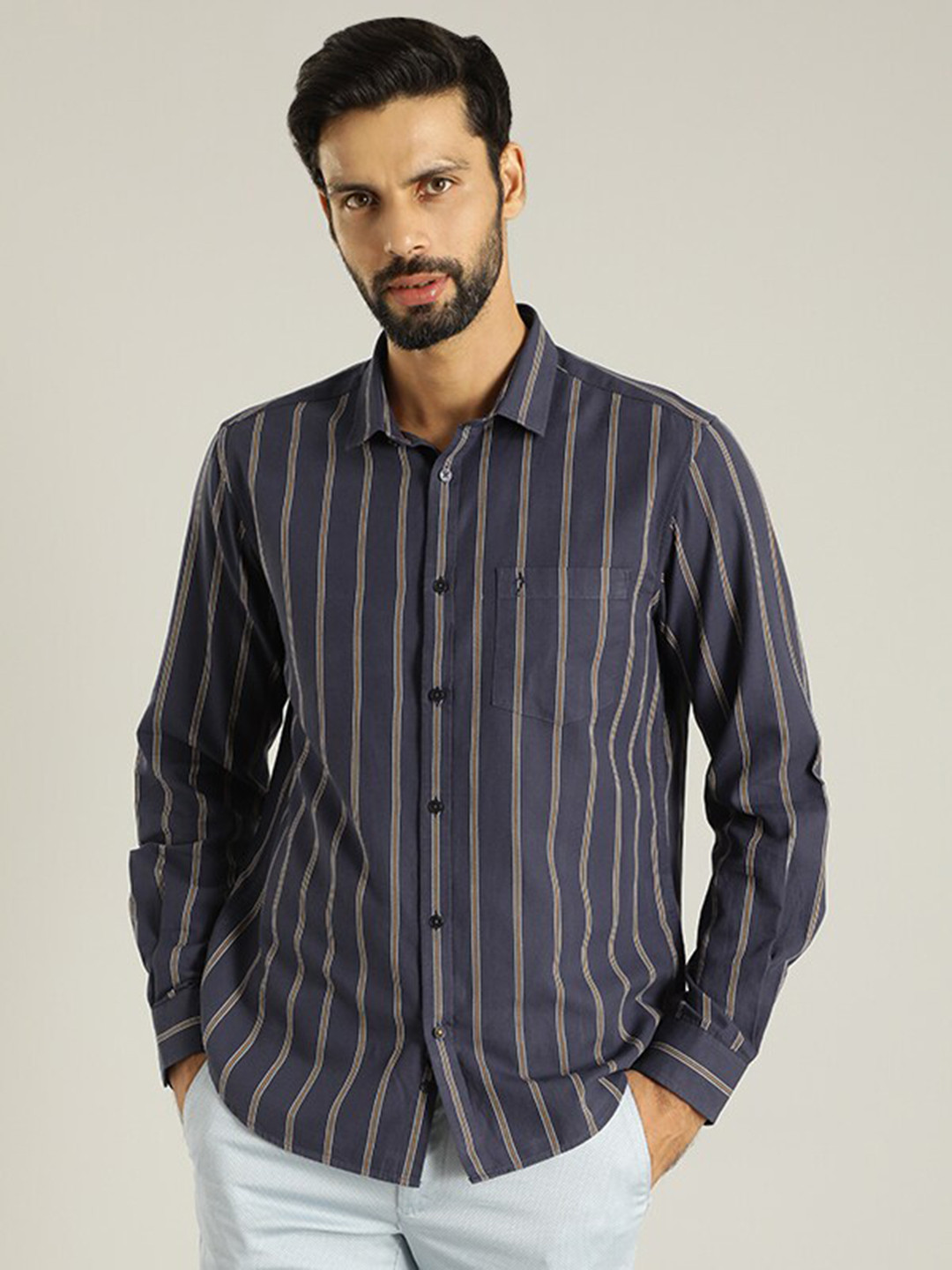 Indian Terrain Vertical Stripes Spread Collar Pure Cotton Casual Slim Fit Shirt