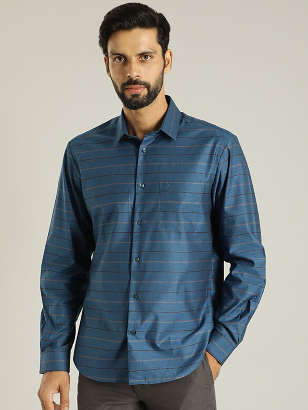 Indian Terrain Horizontal Stripes Spread Collar Opaque Pure Cotton Casual Shirt