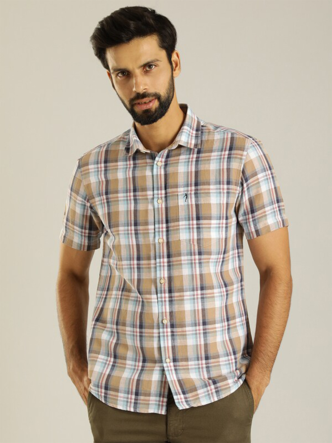 Indian Terrain Classic Spread Collar Window Panel Checked Slim Fit Casual Shirt