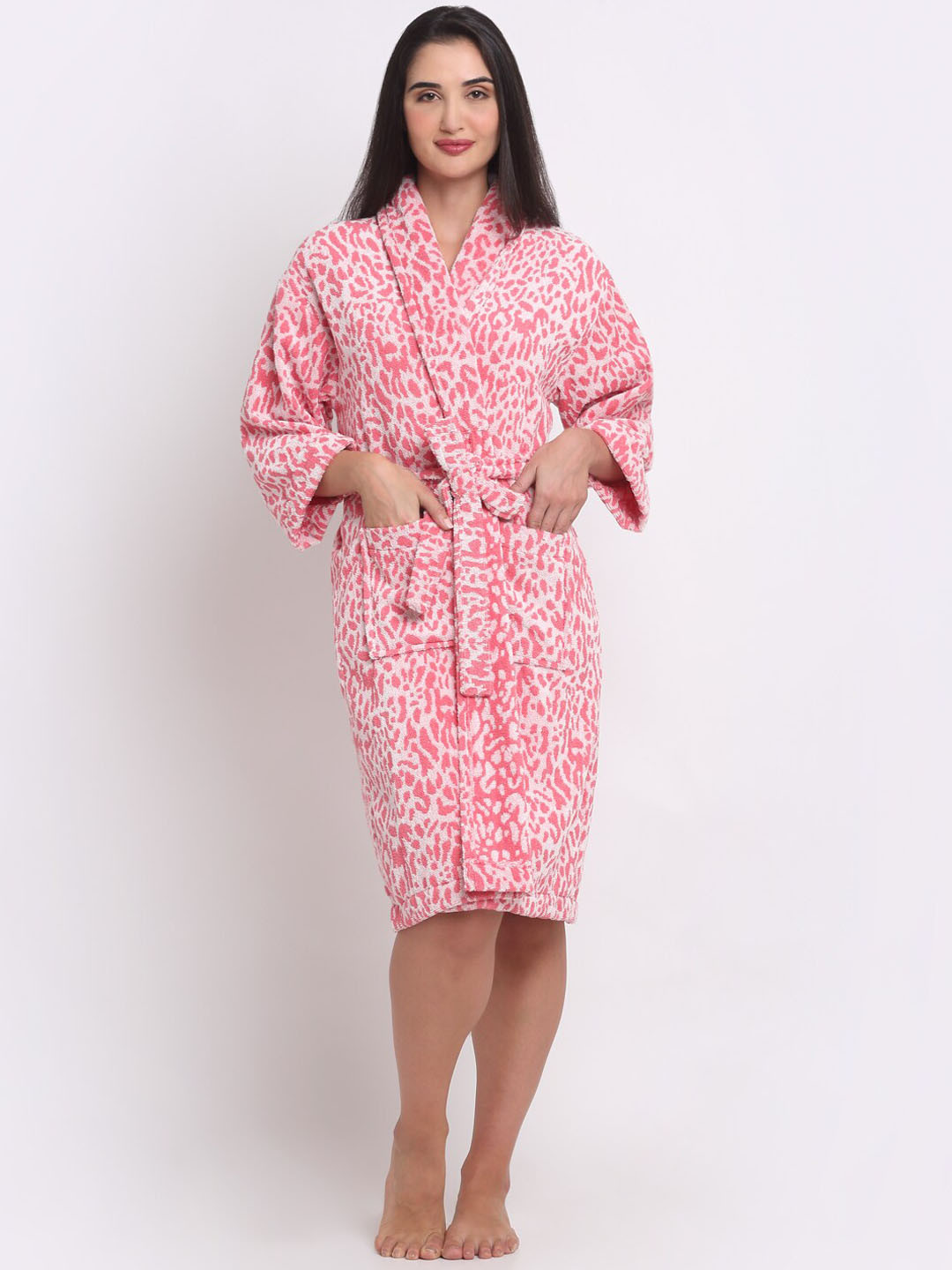 Creeva Luxury, Leopard Pink Animal Print Cotton Drawstring Midi Bath Robe-M