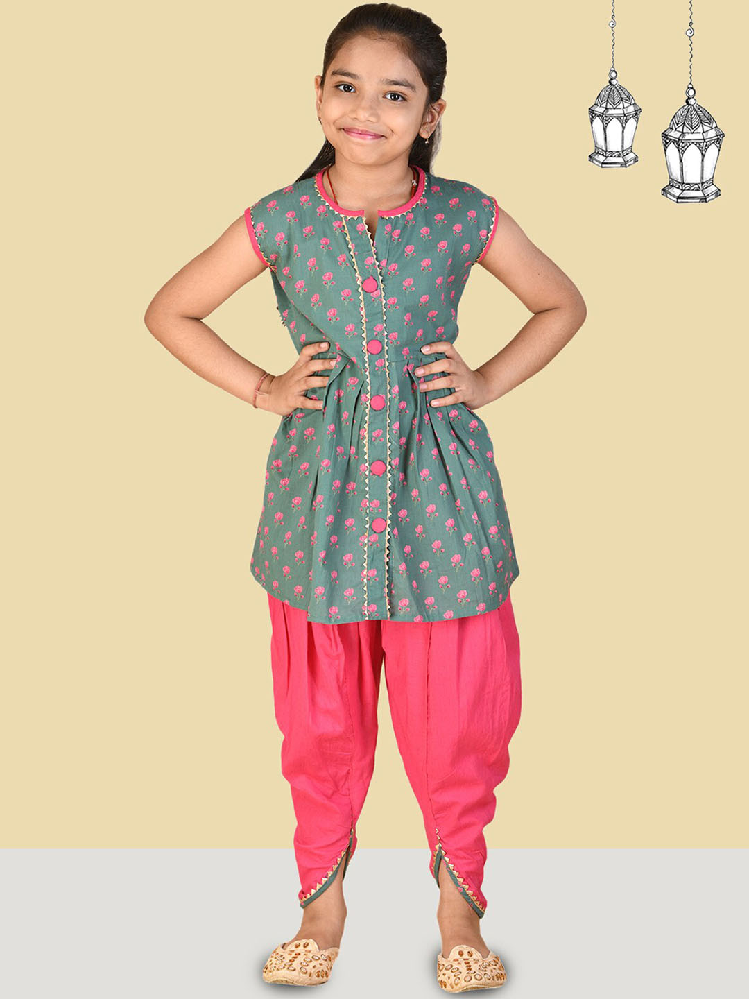 Kids On Board Girls Floral Printed Gotta Patti Pure Cotton A-Line Kurta With Dhoti Pants