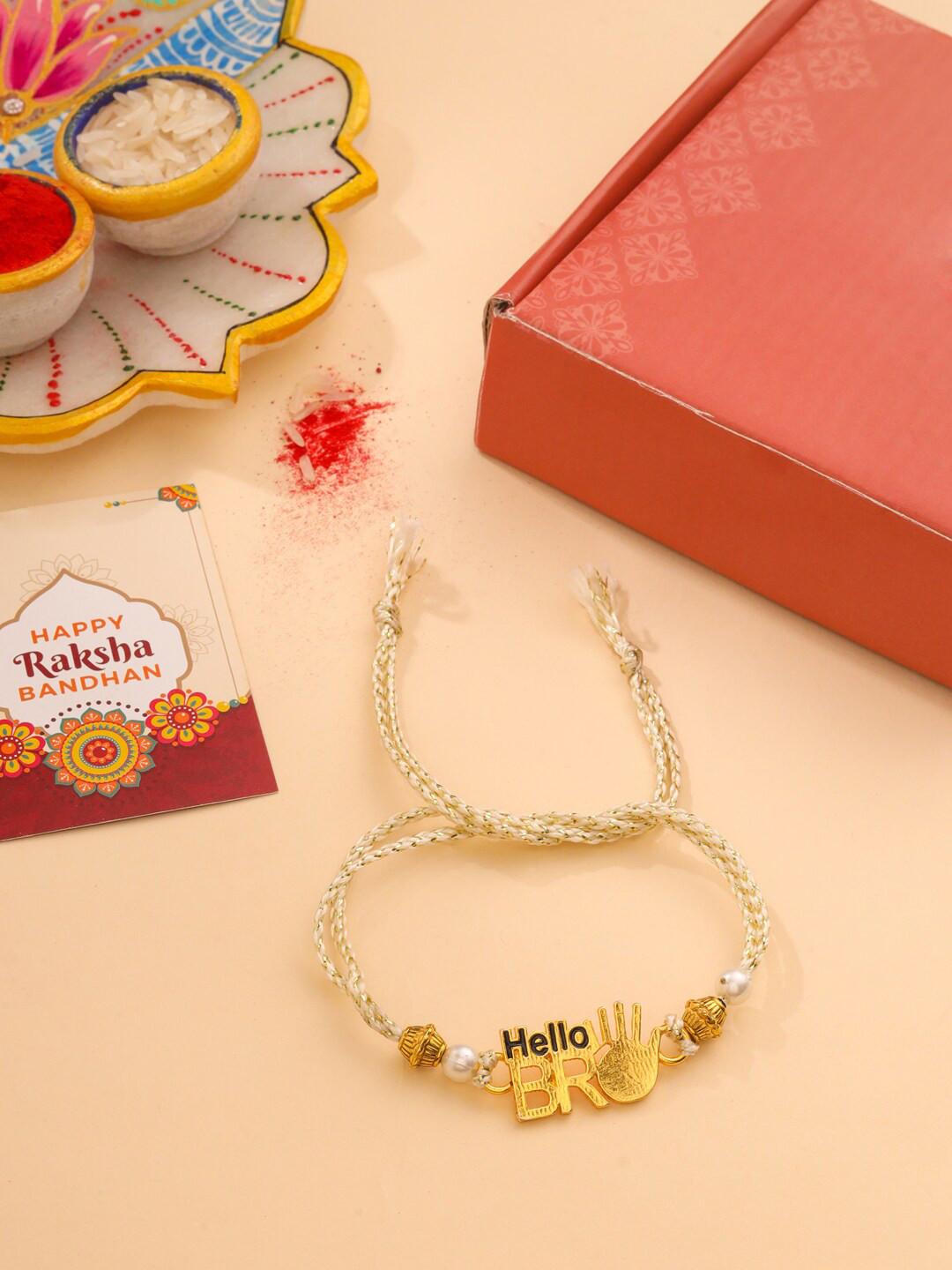Natures Buggy Men Gold-Plated Hello Bro Charm Rakhi