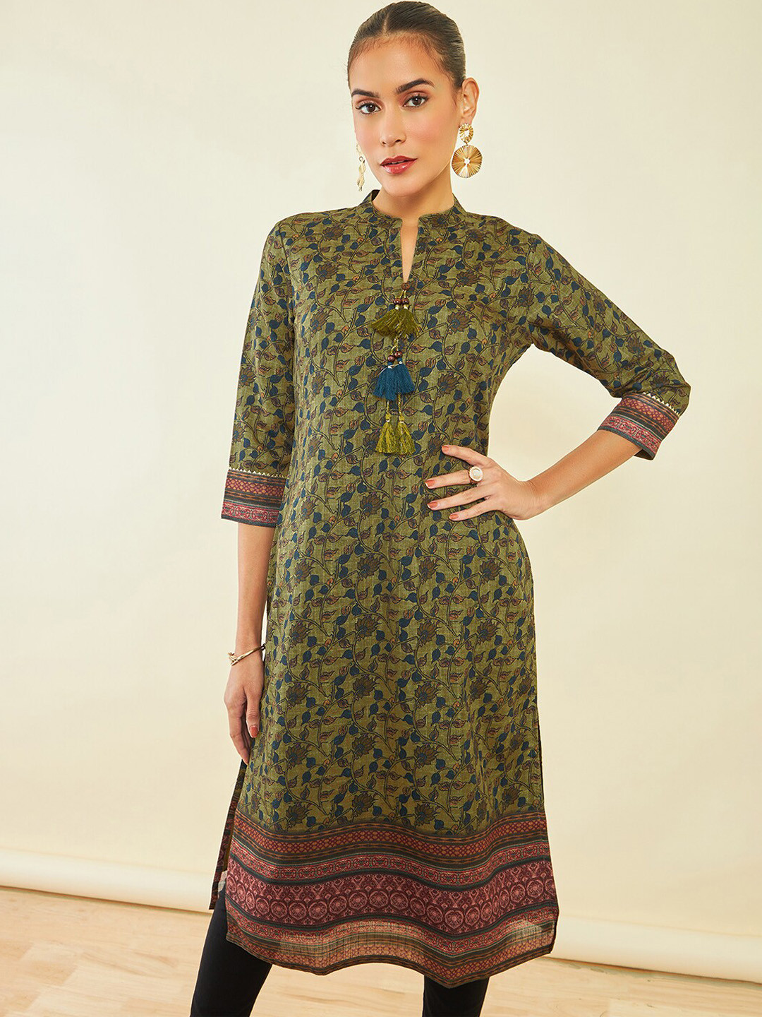 Soch Olive Green Floral Printed Mandarin Collar Thread Work Regular Kurta