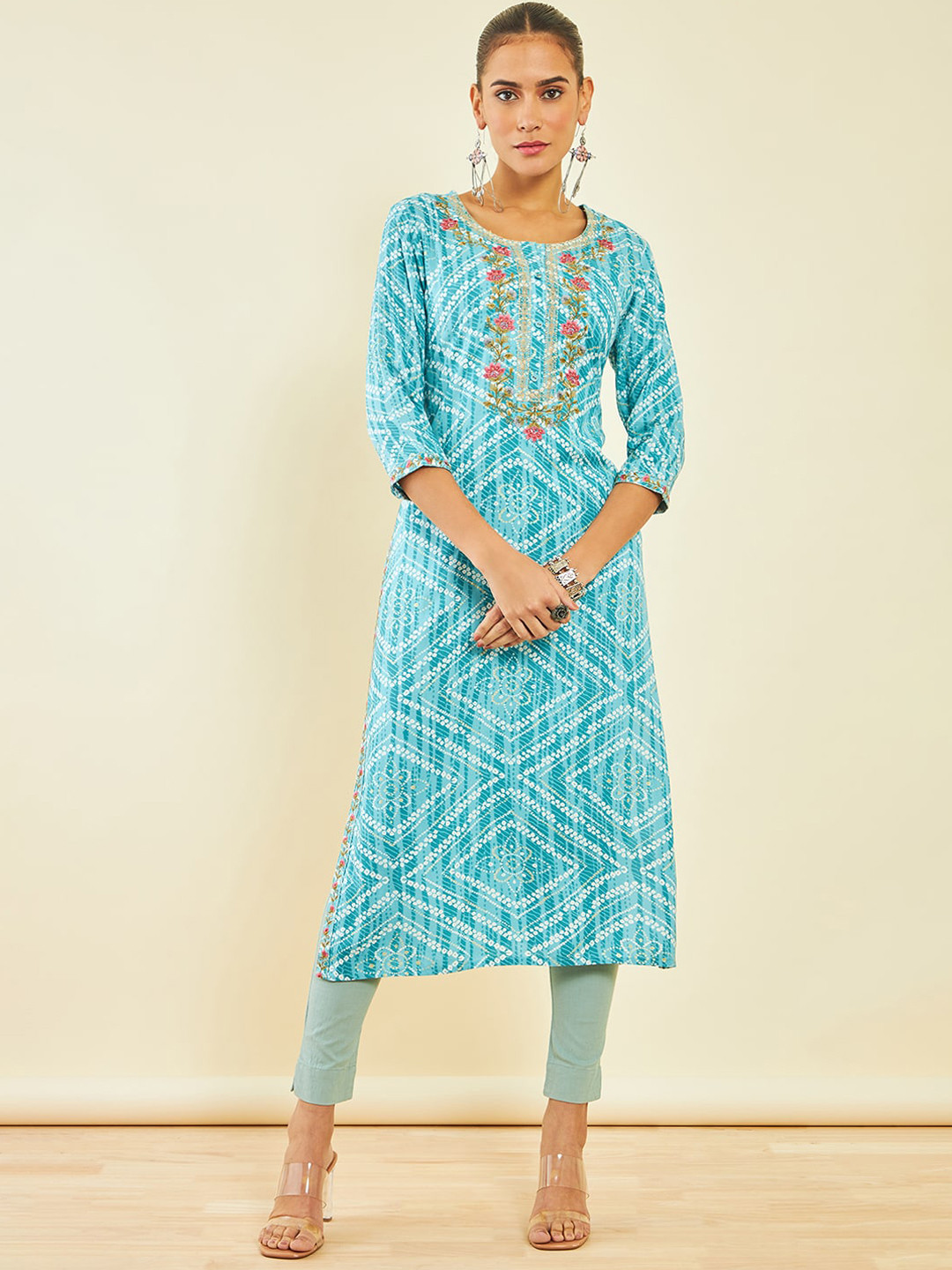Soch Turquoise Blue Bandhani Printed Round Neck Thread work Regular Kurta