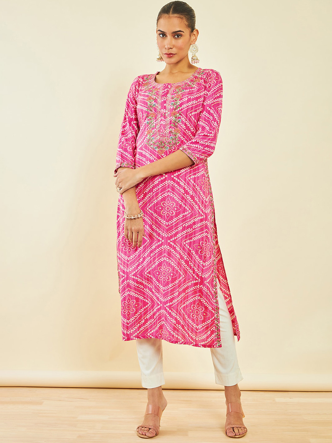 Soch Pink Bandhani Printed Round Neck Thread work Regular Kurta