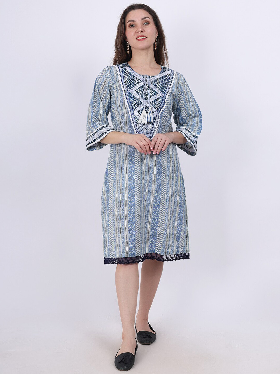 Spring Soul Floral Printed Tie-Ups Neck Cotton A-Line Dress