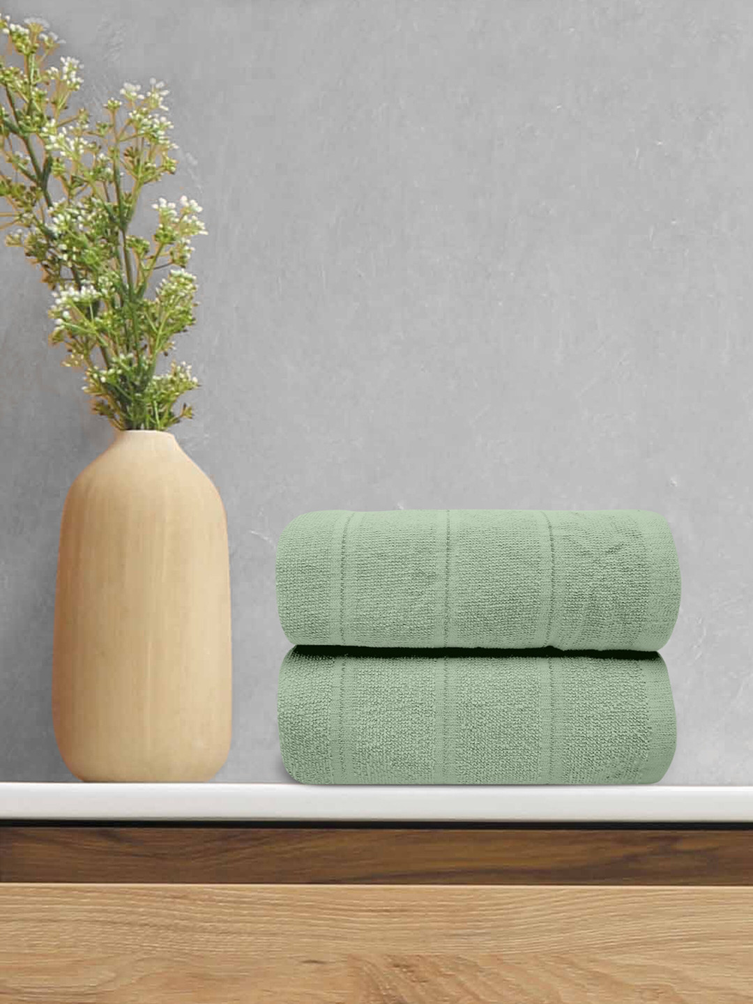 LABHAM Green 2 Pieces Striped 380 GSM Pure Cotton Bath Towels
