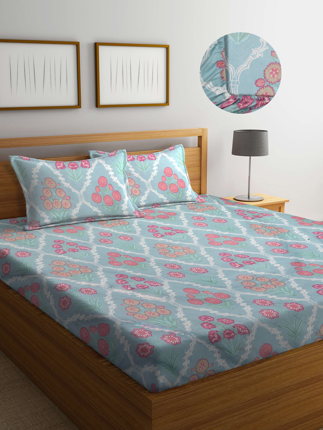 FABINALIV Blue & Pink Floral Print 300 TC Fitted Super King Bedsheet & 2 Pillow Covers