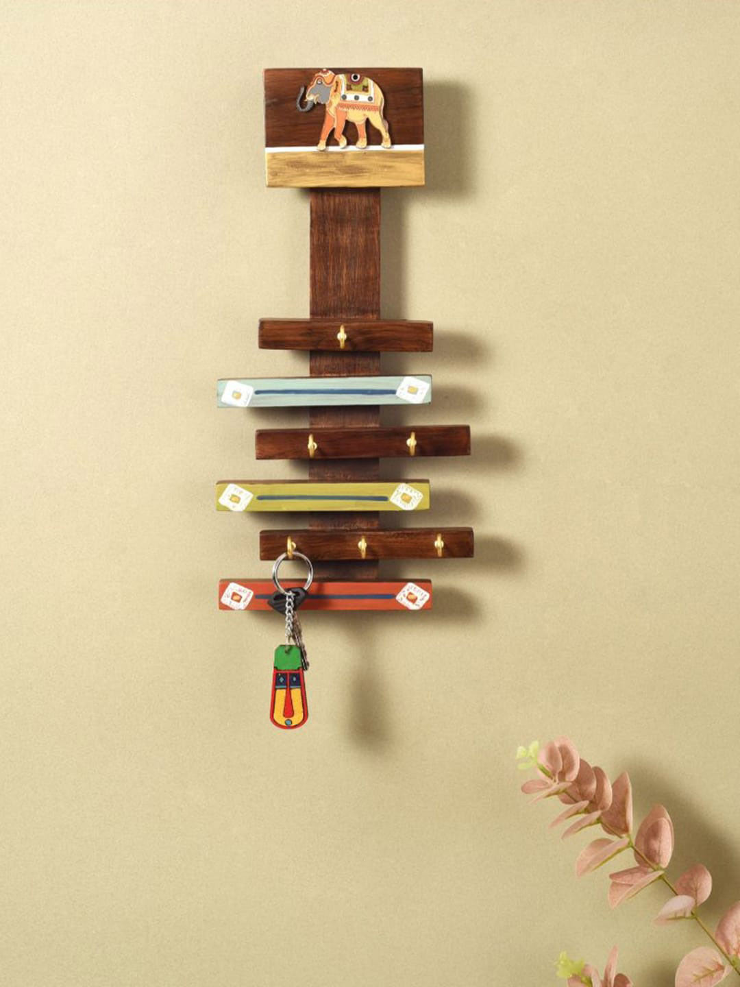 AAKRITI ART CREATIONS Brown Happy Elephants Printed Wooden Key Holders