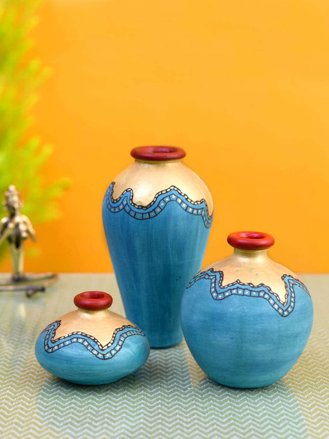 AAKRITI ART CREATIONS  Turquoise Blue 3-Pieces Glaze Printed Vases