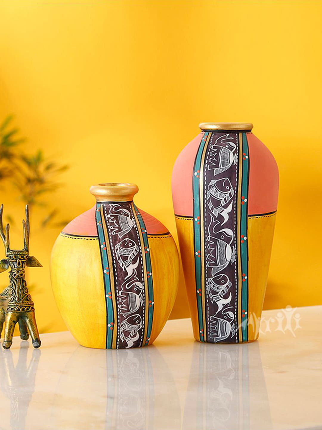 AAKRITI ART CREATIONS Earthen 2 Pcs Yellow & Pink Printed Terracotta Vases