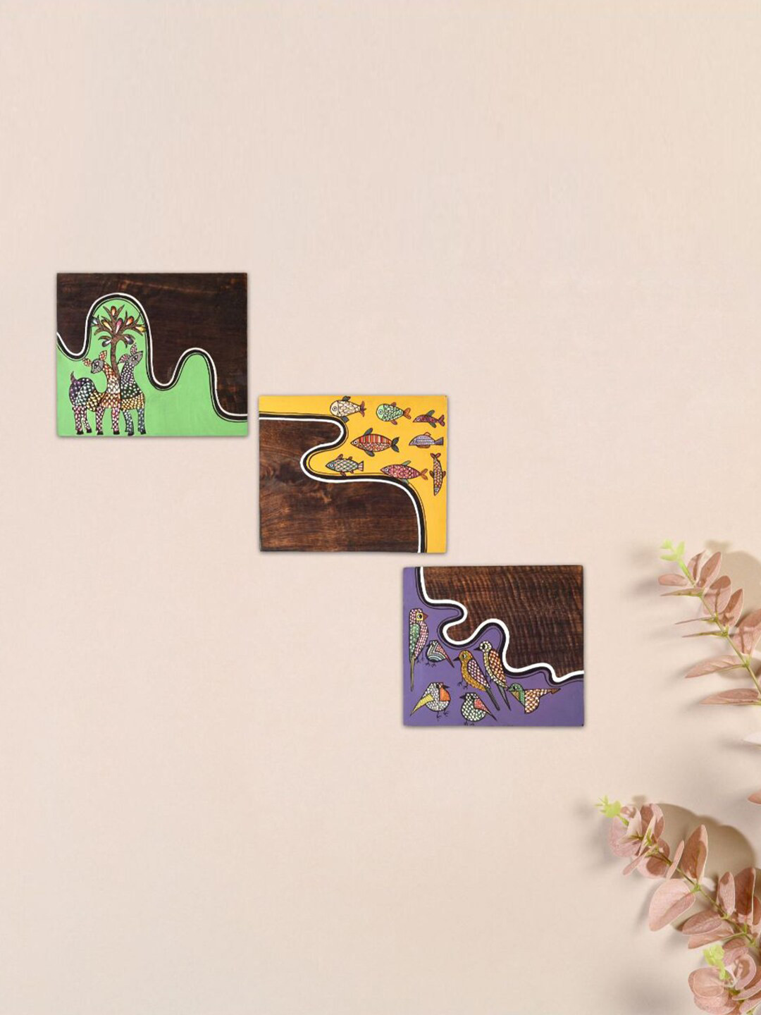 AAKRITI ART CREATIONS Glimpse Of Forest Wood Matte Hanging Hall 3Pcs Wall Hangings-7In