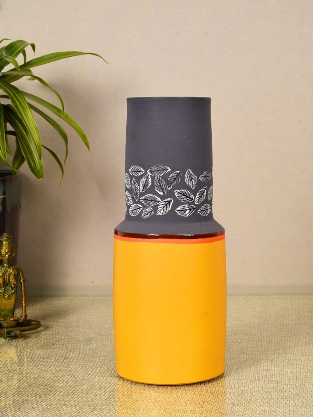 AAKRITI ART CREATIONS Yellow & Grey Printed Terracotta Cylinder Vase