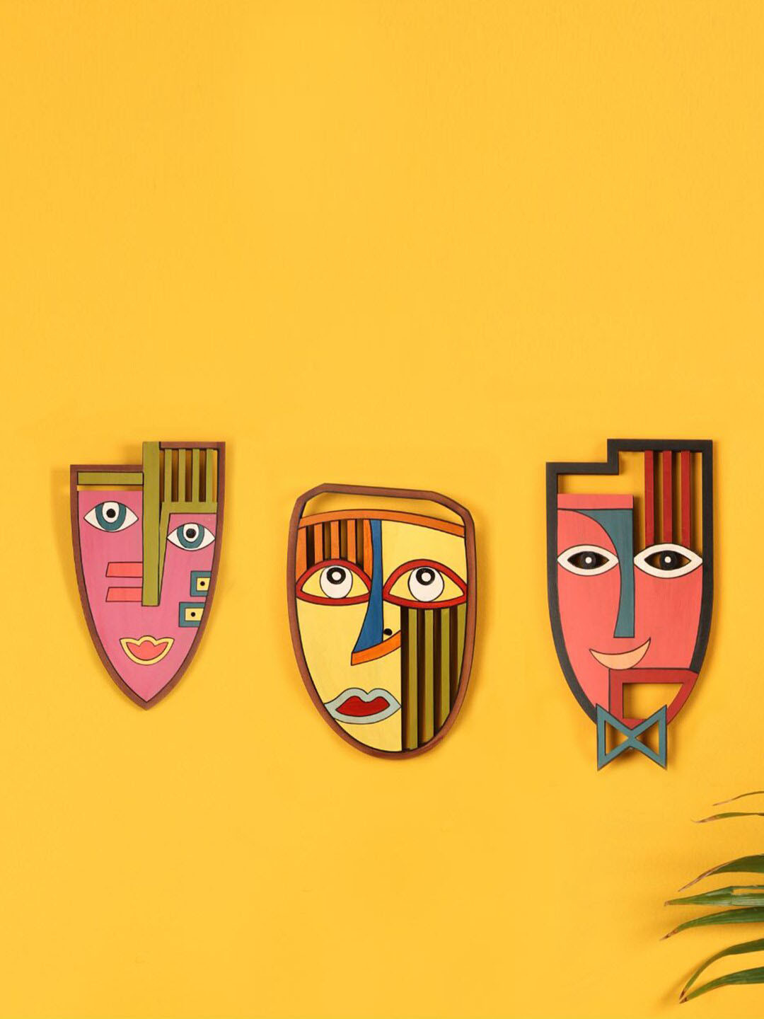 AAKRITI ART CREATIONS My Buddies Wood Ethnic Motifs Antique Hall 3Pcs Wall Masks-12In