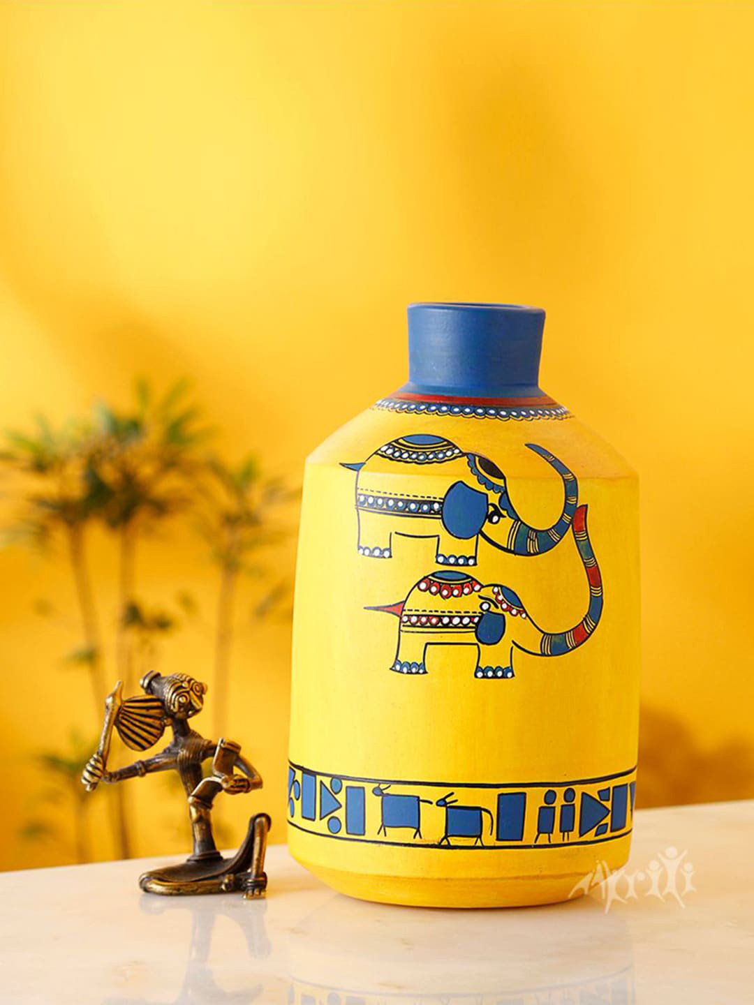 AAKRITI ART CREATIONS Yellow Colored & Blue Happy Elephants Madhubani Printed Vase