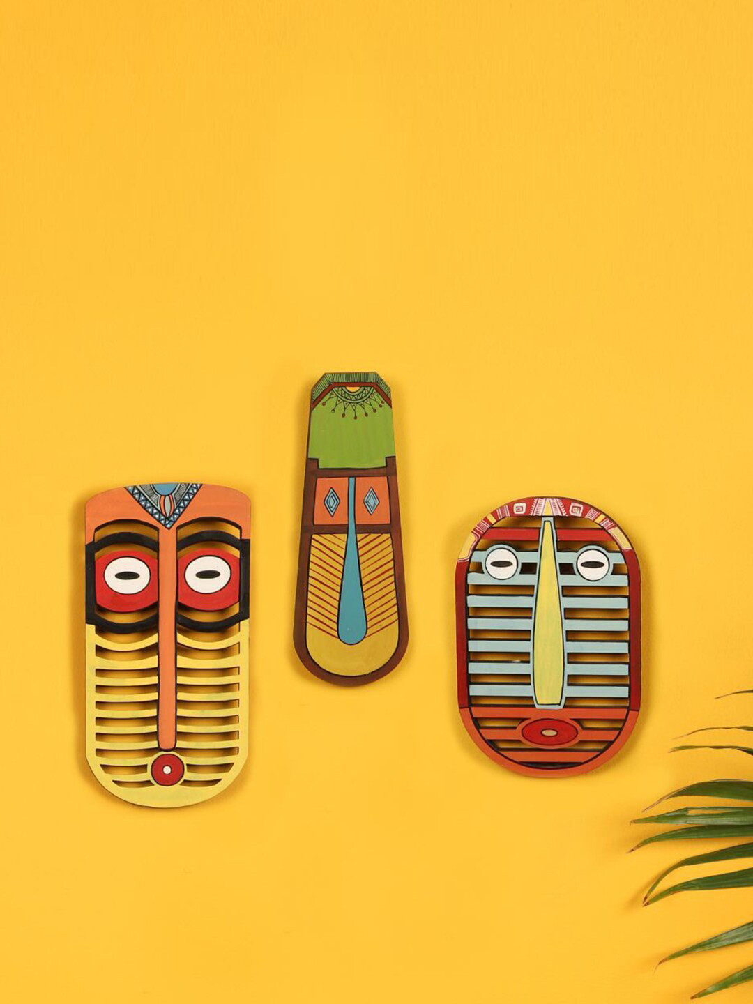 AAKRITI ART CREATIONS Wood Ethnic Motifs Antique Hanging Hall 3Pcs Wall Masks-11In